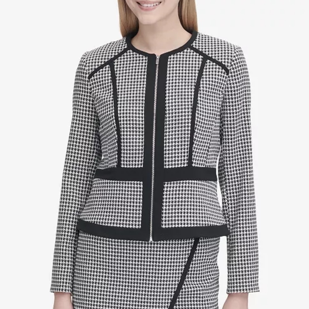 Calvin Klein Houndstooth Zip Up Blazer Jacket | Black White | Size 10